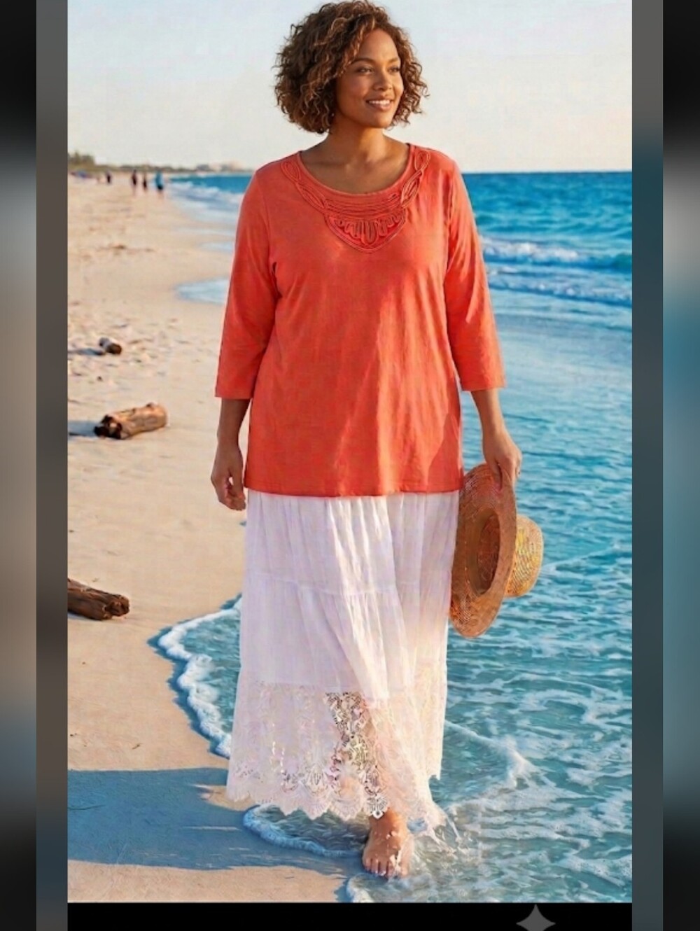 Allison Daley Pumpkin Orange Decorative Scoop Neck 3/4 Sleeve Top